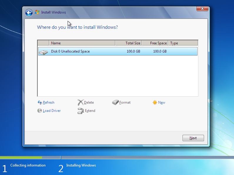 Particion de instalación de Windows 7