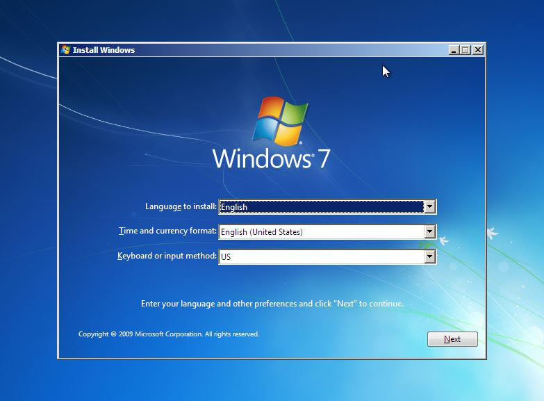 Selección de zona horaria y teclad de instalación de Windows 7