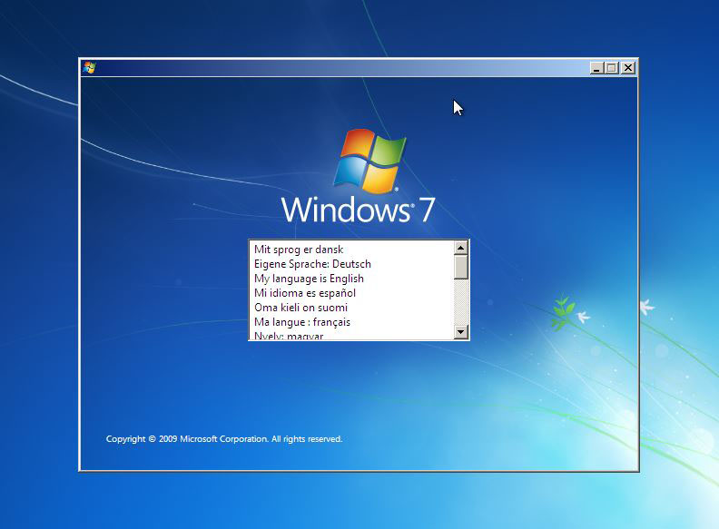 Windows 7 installation language selection